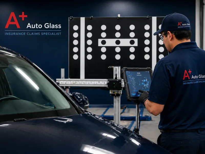 A Plus Auto Glass technician performing in-house ADAS calibration with a target board and diagnostic tablet