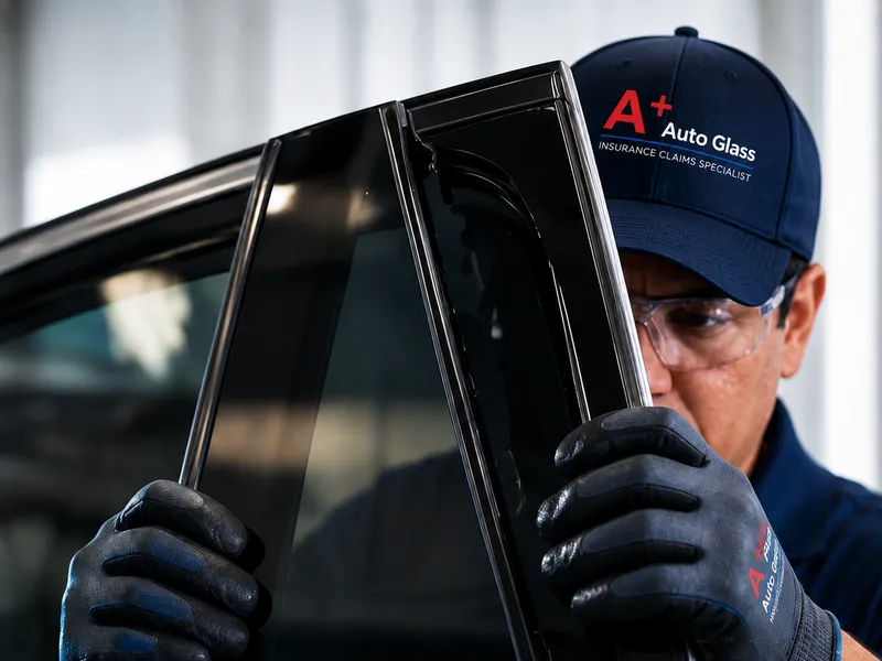 A Plus Auto Glass technician fitting a side window for a Palo Alto auto glass replacement