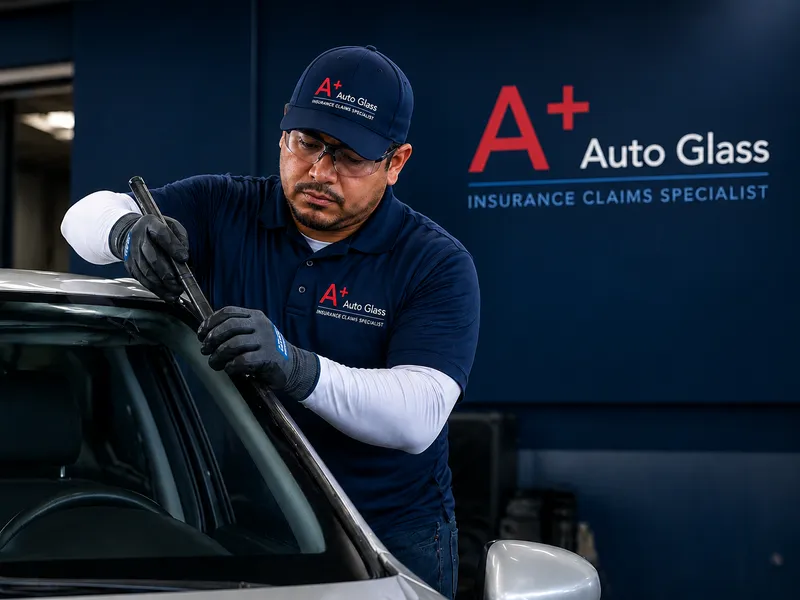 A Plus Auto Glass technician finishing a Palo Alto windshield install and cleaning the seam