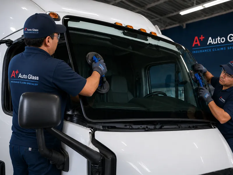 Two A Plus Auto Glass technicians replacing a commercial fleet truck windshield in Palo Alto