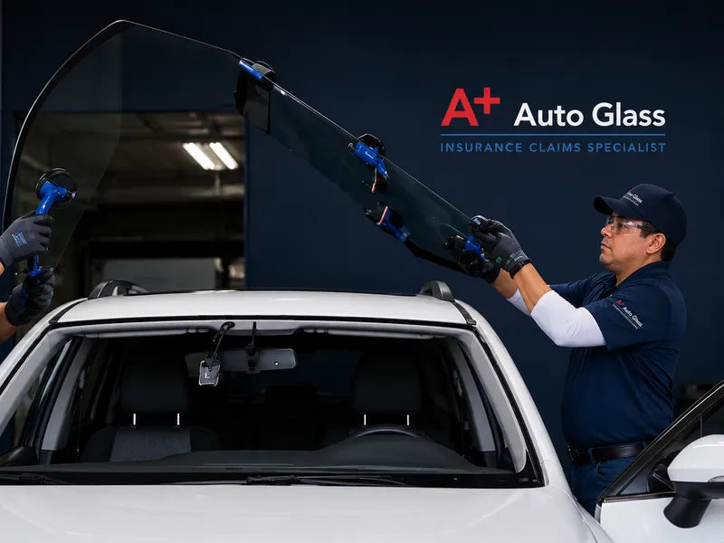 Two A Plus Auto Glass technicians installing a new windshield on a Palo Alto vehicle